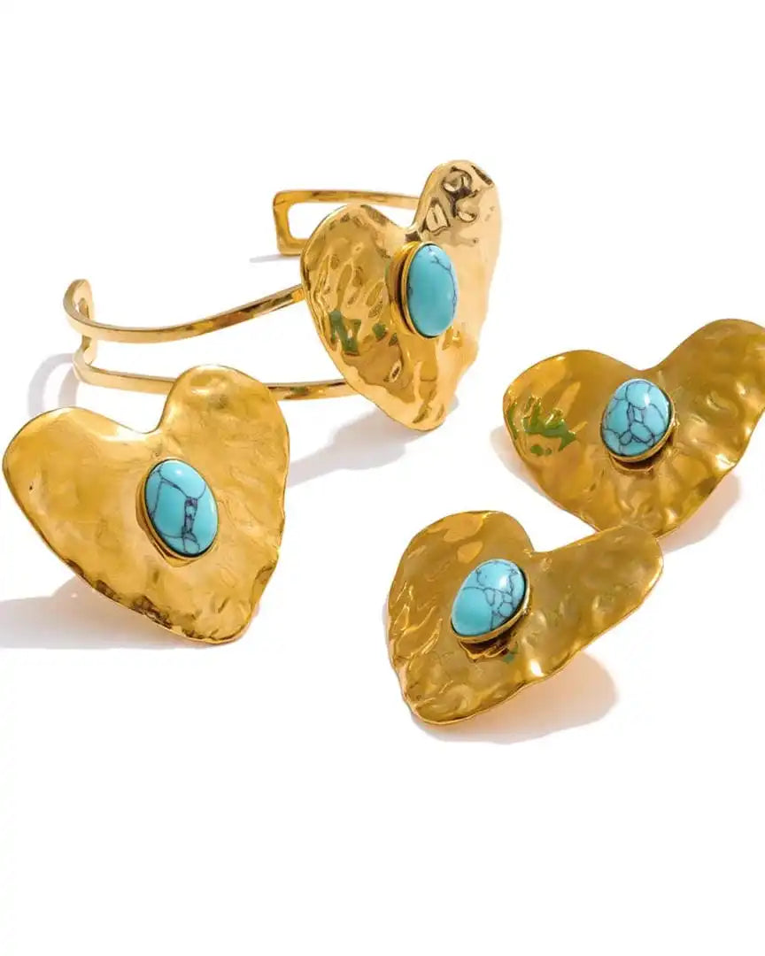 Vintage Gold Inlaid Turquoise Heart Earrings, Ring & Bracelet Set