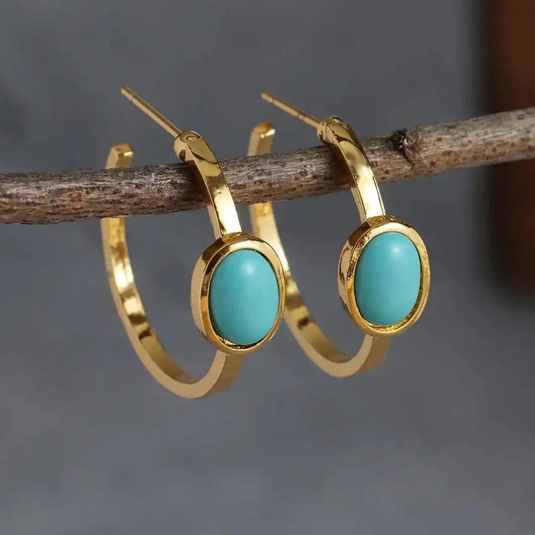 Golden Turquoise Oval Hoop Earrings