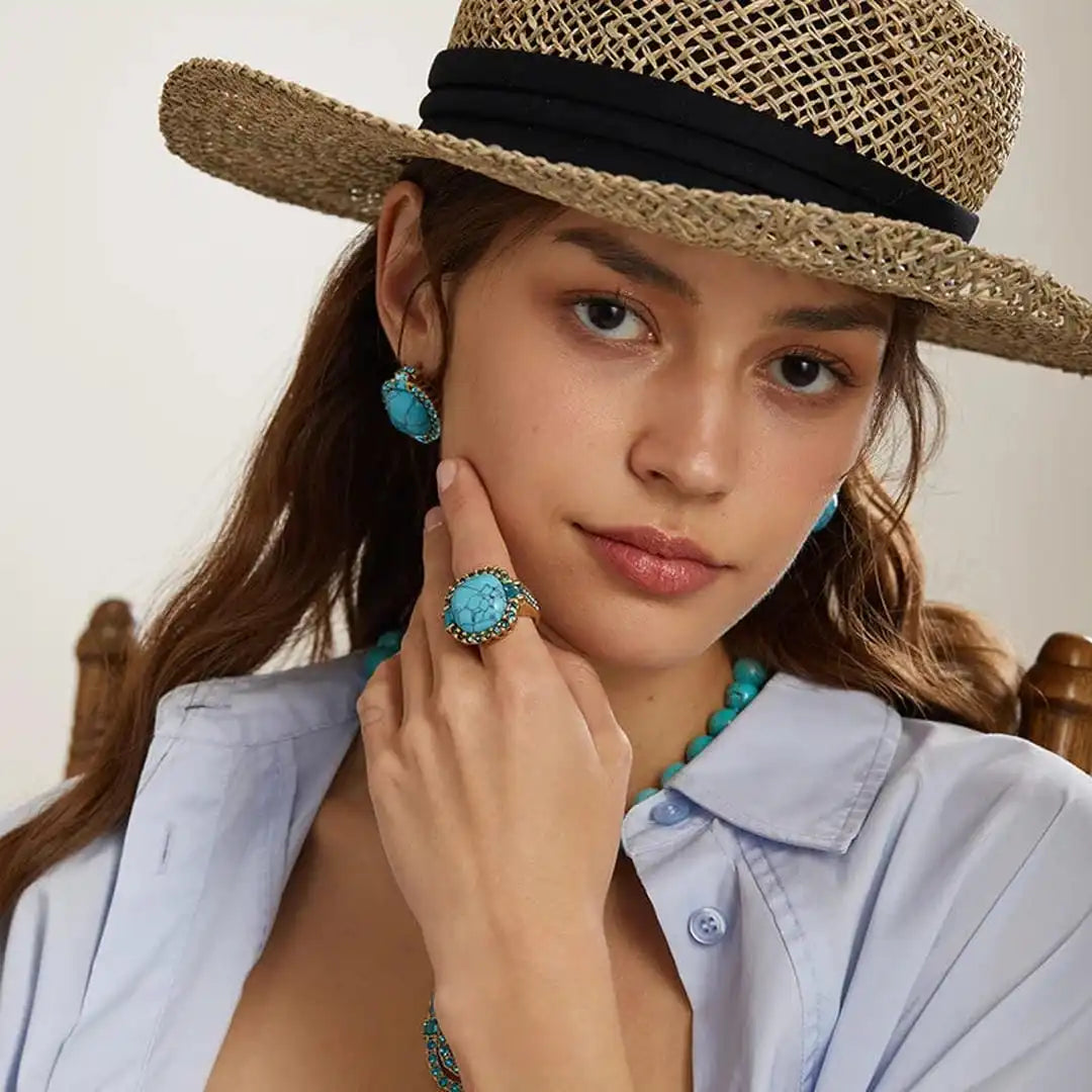 Golden Turquoise Stone Zirconia Ring