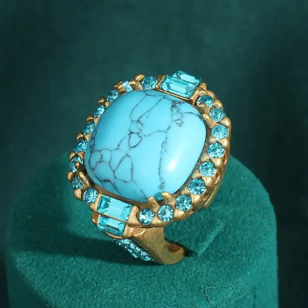 Golden Turquoise Stone Zirconia Ring