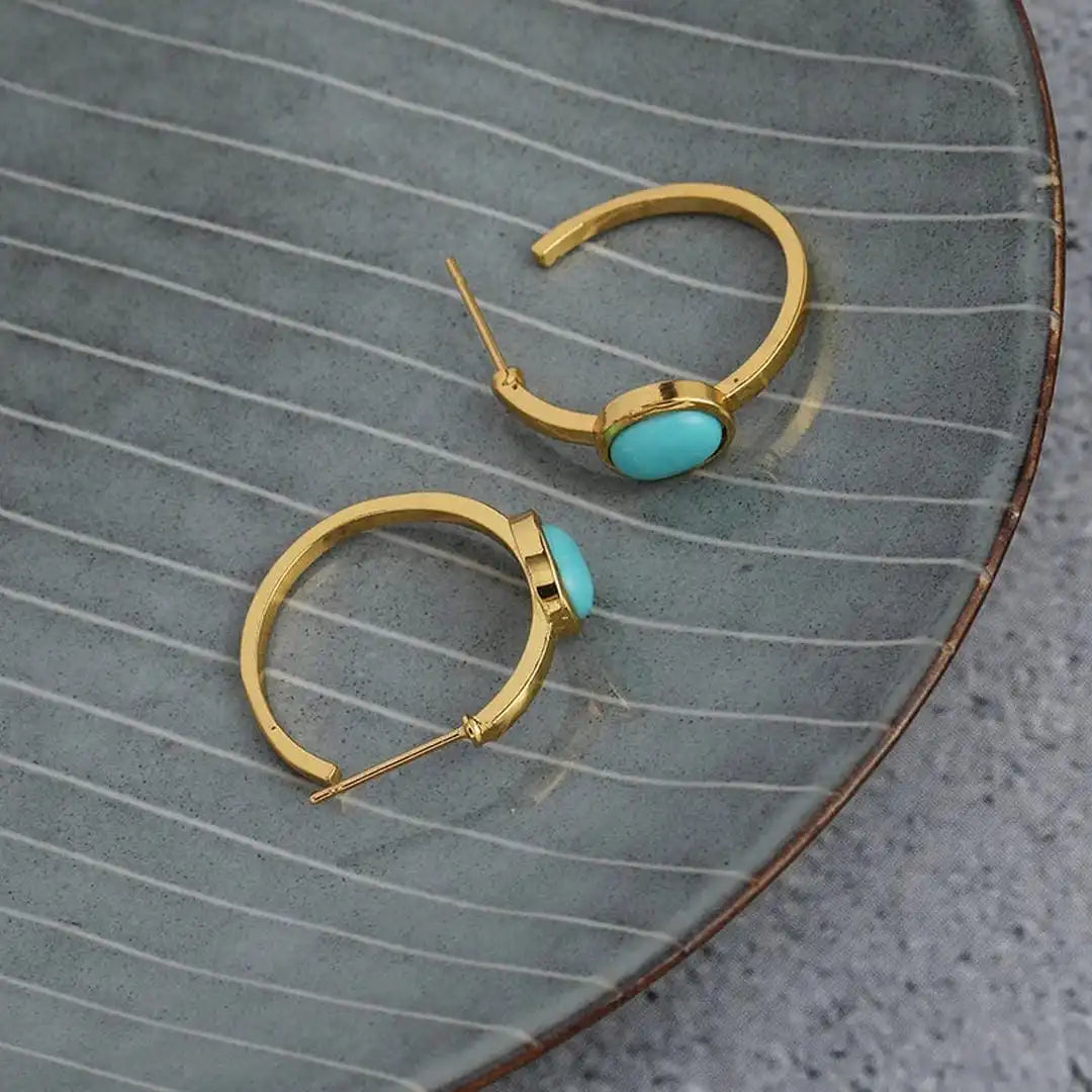 Golden Turquoise Oval Hoop Earrings