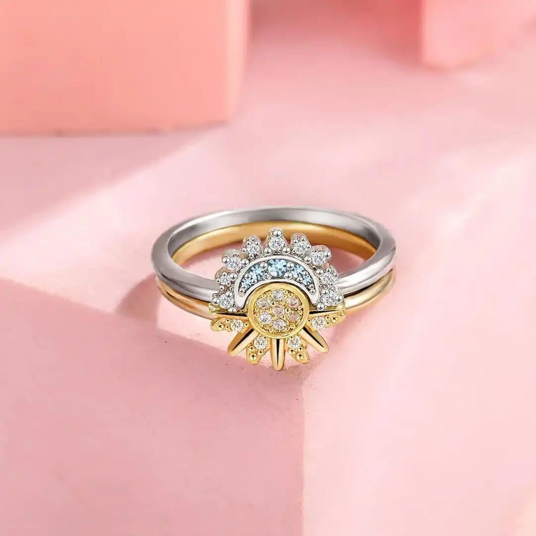 Timeless Silver Zirconia Sun Moon Ring Set