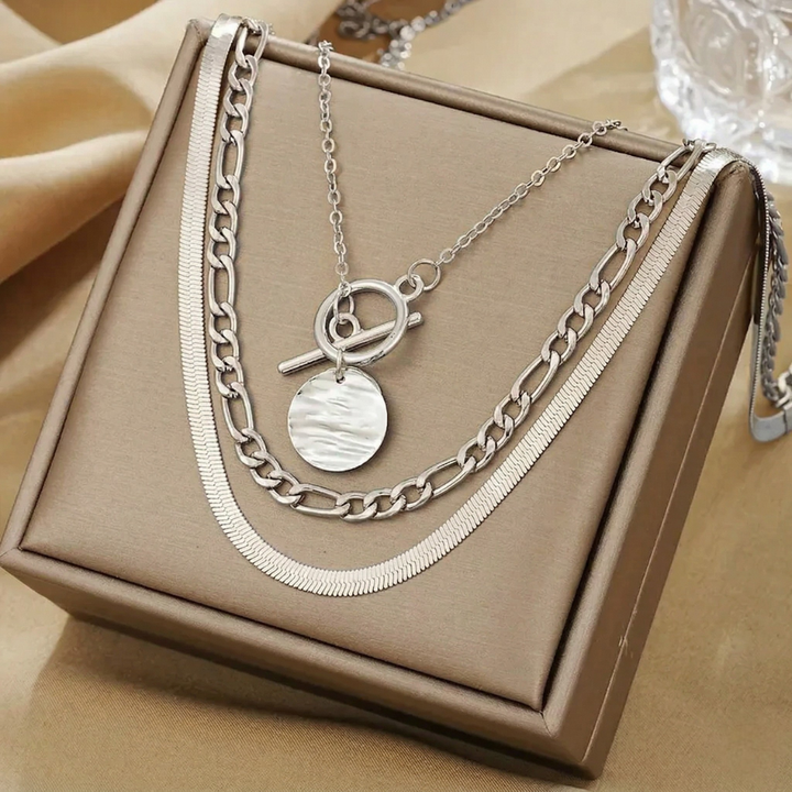 Savira Textured Coin Layered Necklace | White Gold