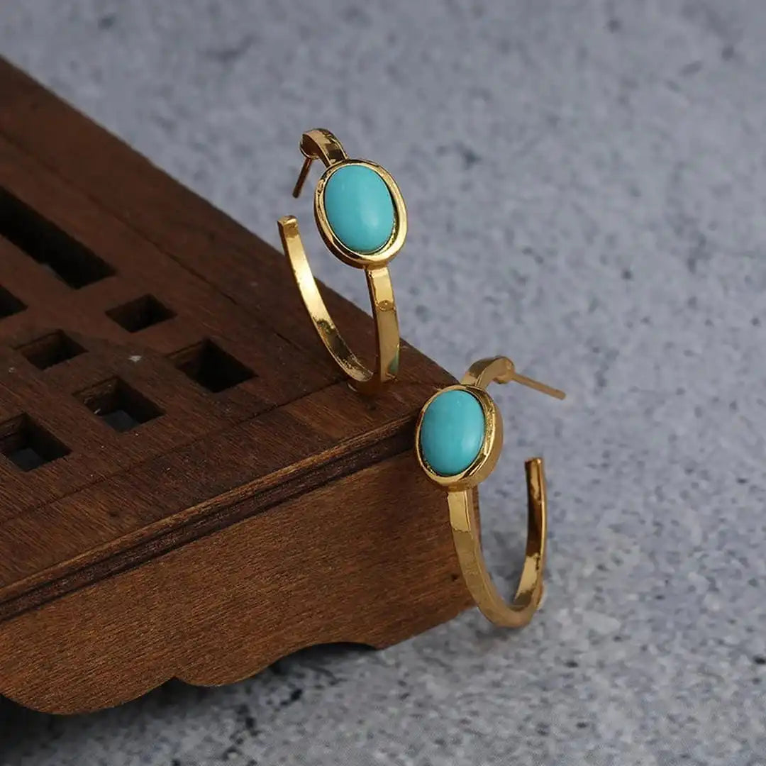 Golden Turquoise Oval Hoop Earrings
