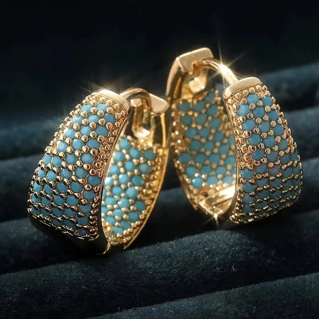 Adorned Turquoise Golden Floral Hoop Earrings