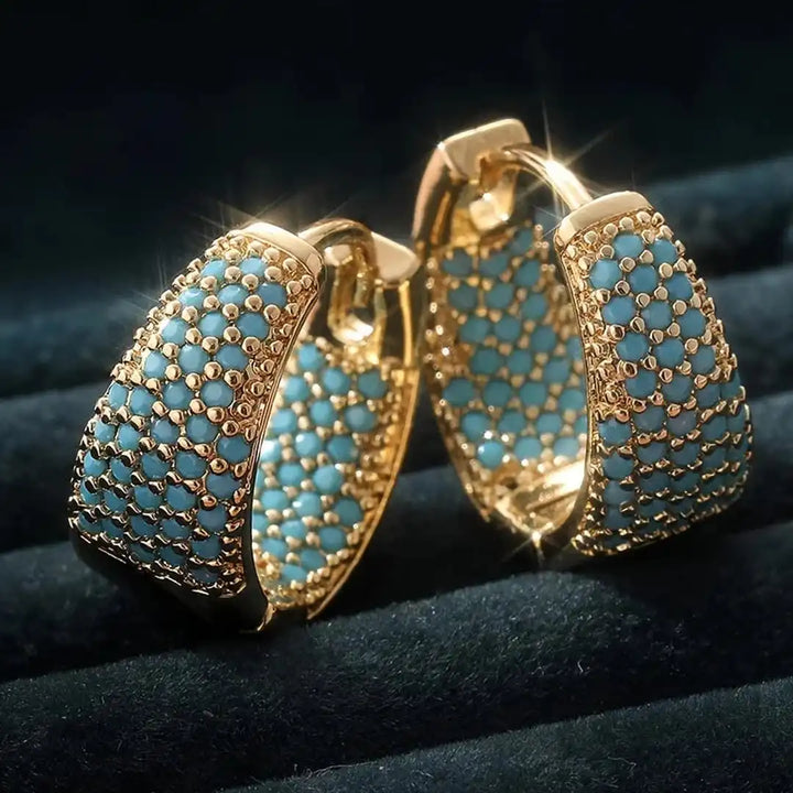 Adorned Turquoise Golden Floral Hoop Earrings