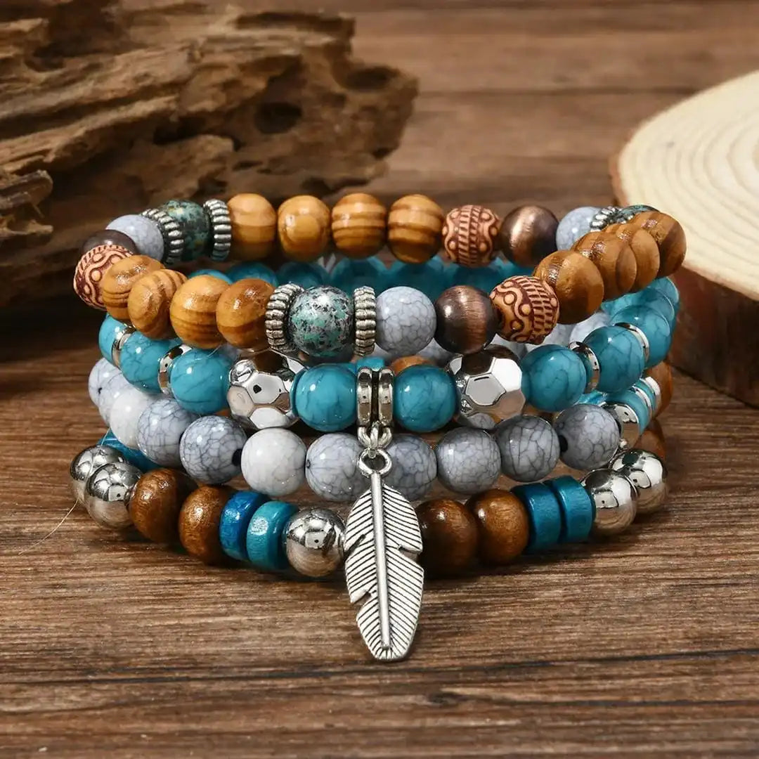 Bohemian Turquoise Beaded Feather Bracelet