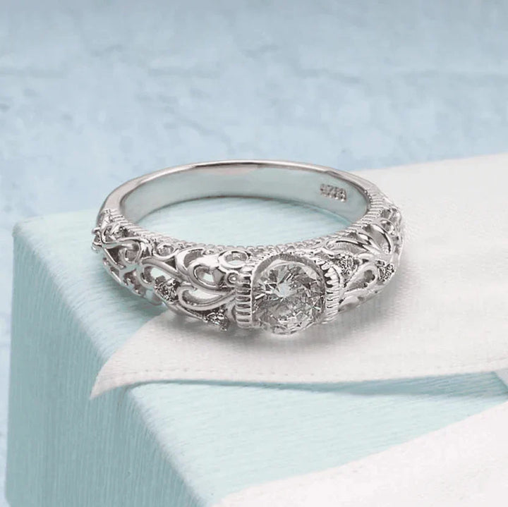Round Cubic Zirconia Ring with Silver-Tone Filigree Band