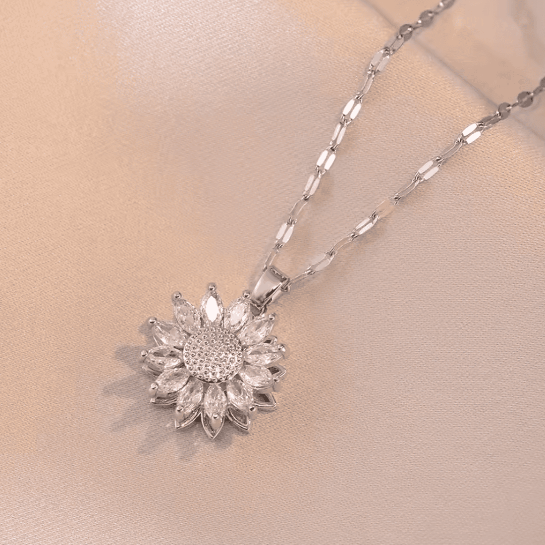 Trendiges Silber Sonnenblumen Zirkon Halsketten- und Ohrringe-Set