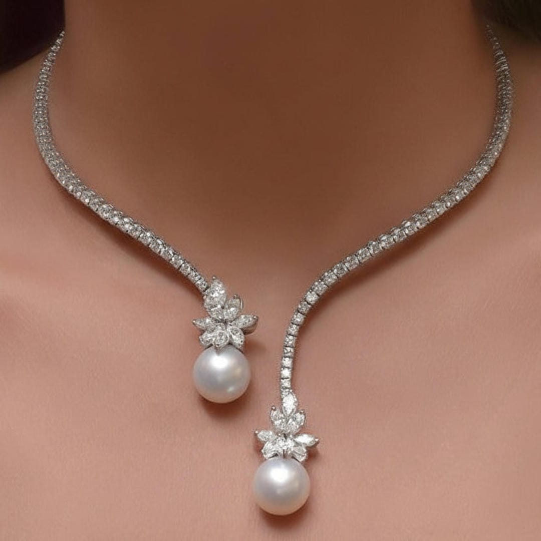 Offene Design-Halskette mit runden Perlen und Saphir