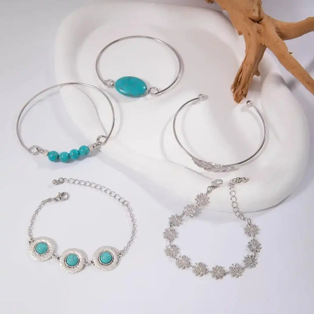 Vintage Silver Turquoise Floral Bracelet Set