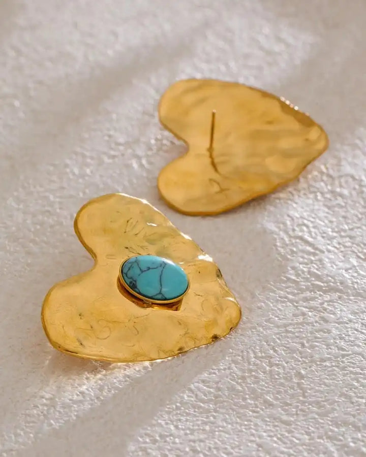 Vintage Gold Inlaid Turquoise Heart Earrings, Ring & Bracelet Set