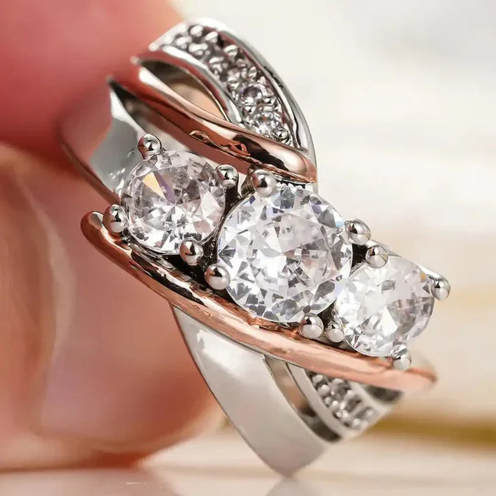 Two-Tone Bypass Cocktail Ring with Cubic Zirconia Pavé