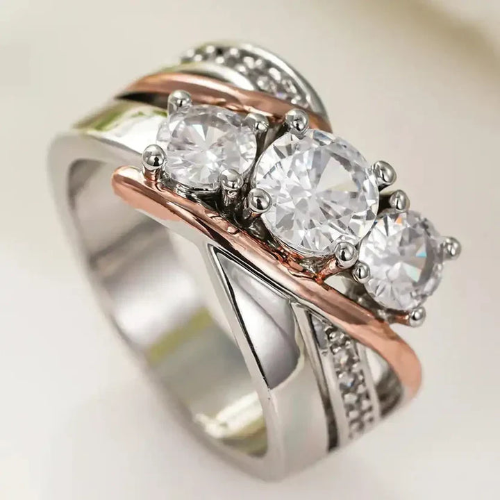 Two-Tone Bypass Cocktail Ring with Cubic Zirconia Pavé