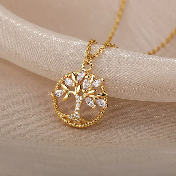 Gold Tree of Life Crystal Pendant Necklace