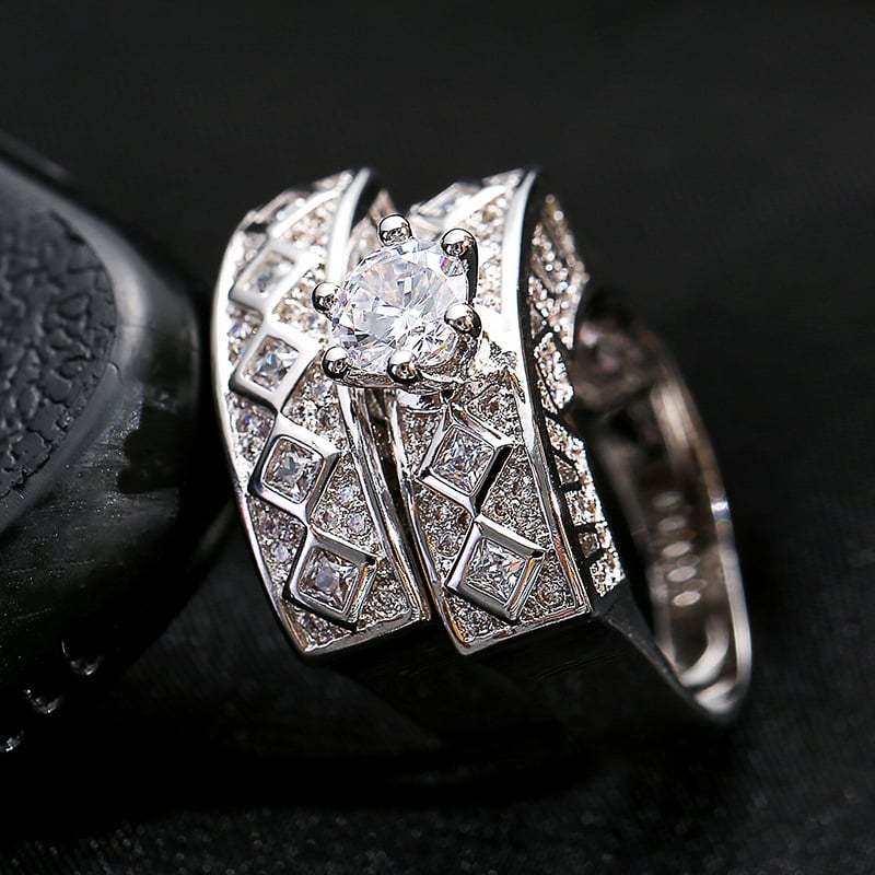 Round Cubic Zirconia Solitaire Ring Set with Silver-Tone Lattice Band
