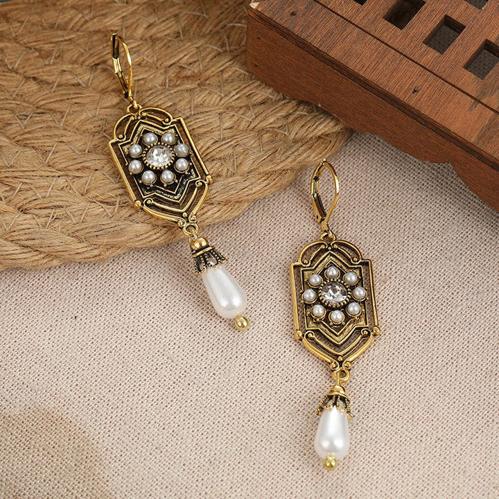 Vintage Golden Inlaid Pearl Earrings