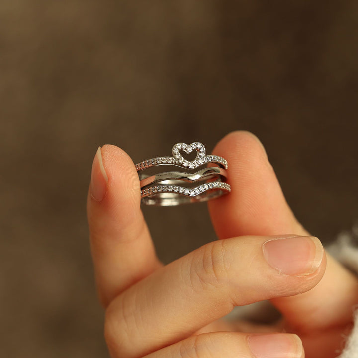 Heart Motif Stacking Ring Set with Curved Pavé Bands