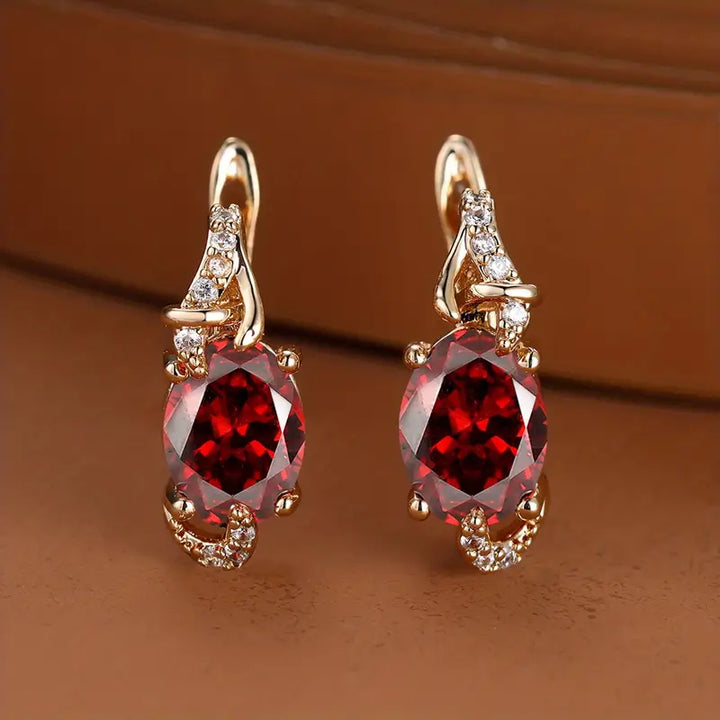 Gold Ruby Oval Drop Earrings