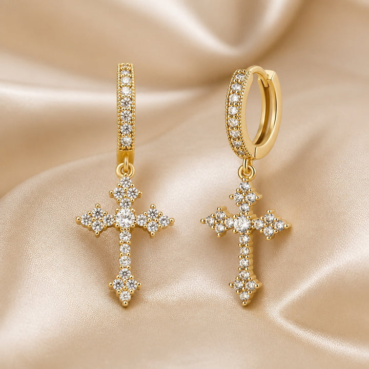 White Gold Cross Zirconia Inlaid Earrings