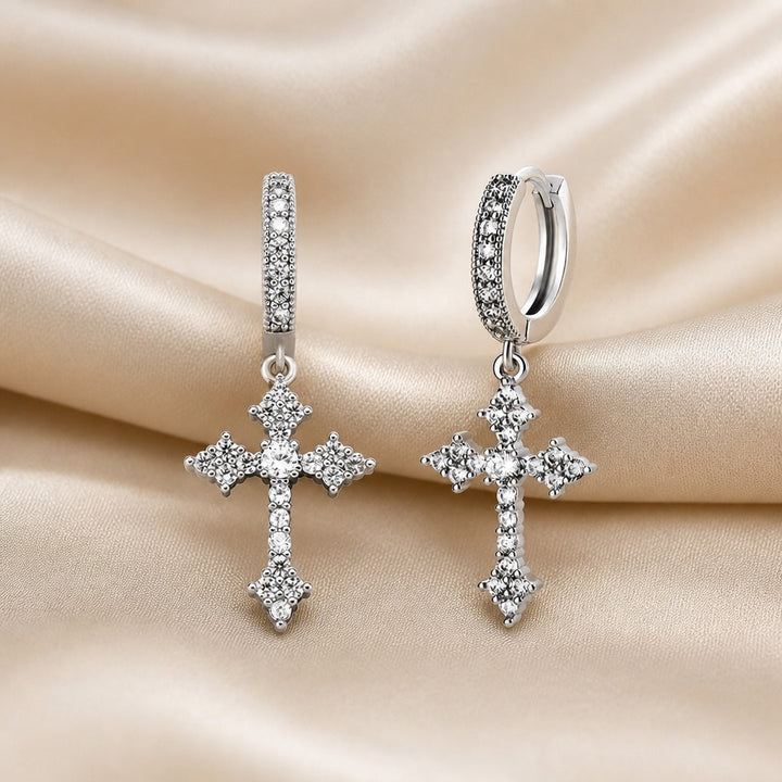 White Gold Cross Zirconia Inlaid Earrings