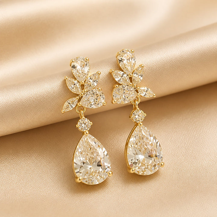 White Gold Teardrop Floral Earrings