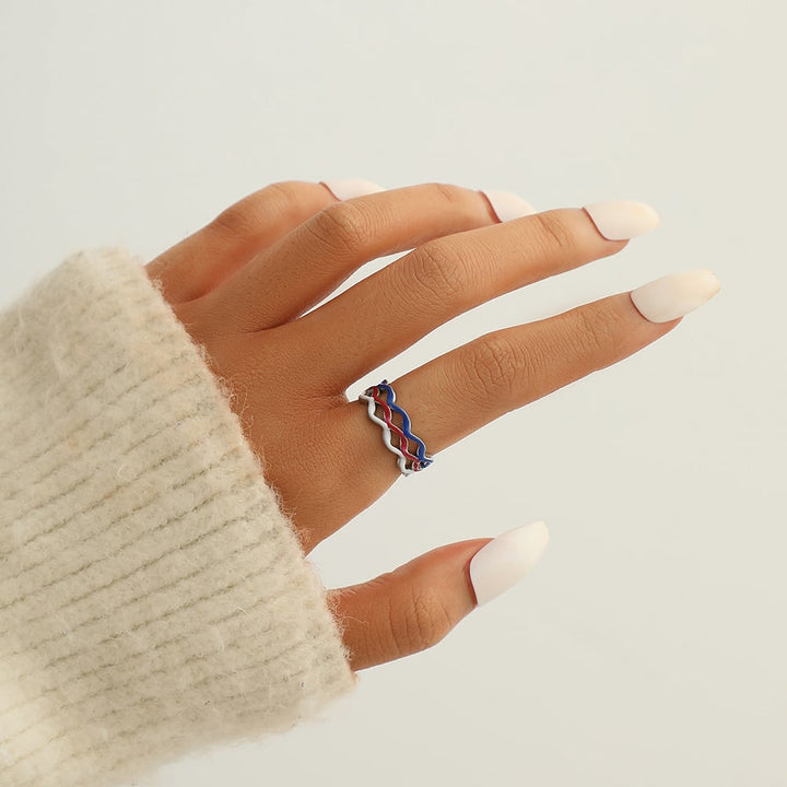 Twisted Cuff Ring with Red and Navy Enamel Accents in Gold-Tone or Silver-Tone