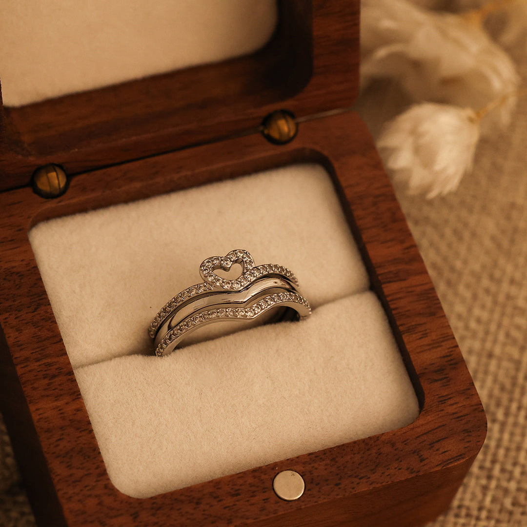 Heart Motif Stacking Ring Set with Curved Pavé Bands