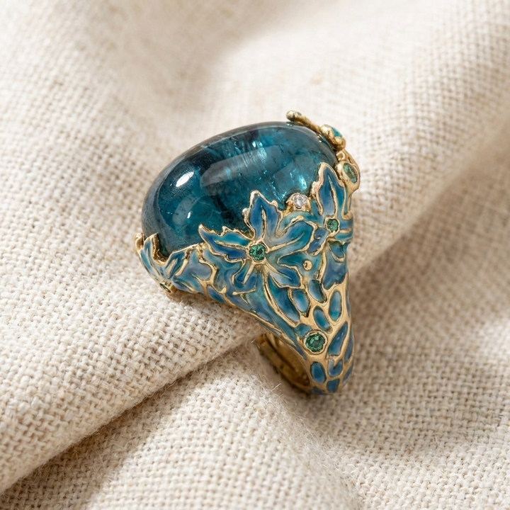 Elegant Gold Flower Blue Stone Ring