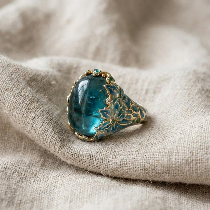 Elegant Gold Flower Blue Stone Ring