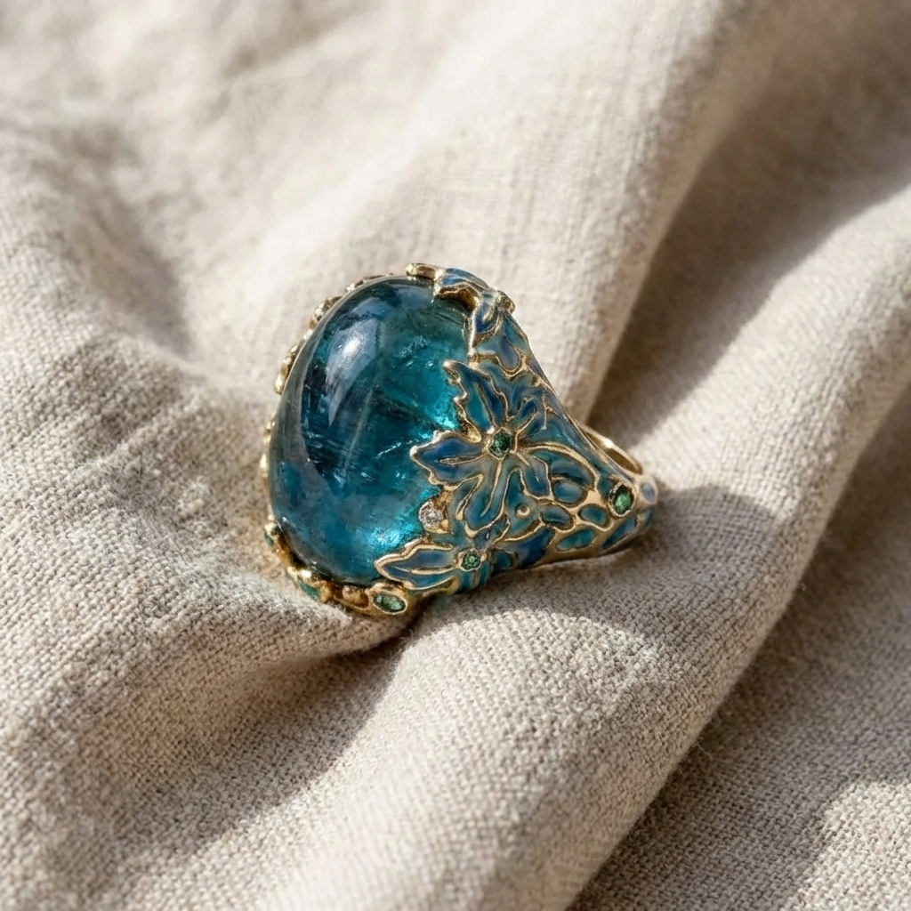 Elegant Gold Flower Blue Stone Ring