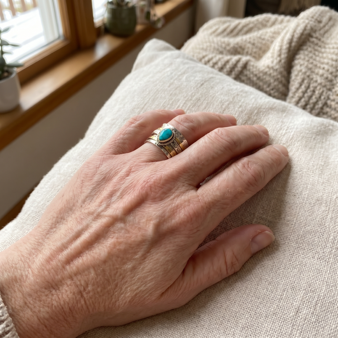 Antique Turquoise Inlaid Gold Silver Ring