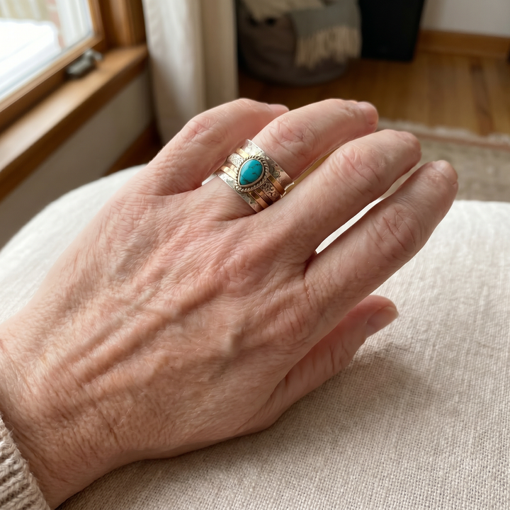 Antique Turquoise Inlaid Gold Silver Ring