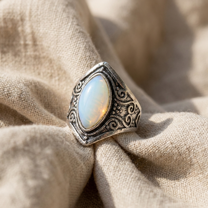 Vintage Mondstein-Ring in Tropfenform mit verziertem Silberband
