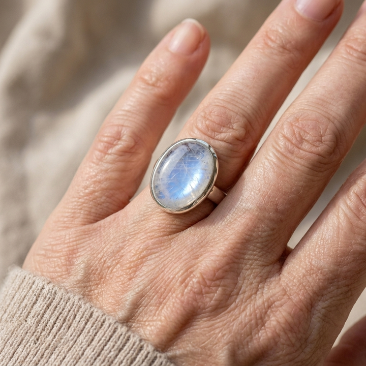 Vintage Ring mit ovalem Mondstein in Silberton