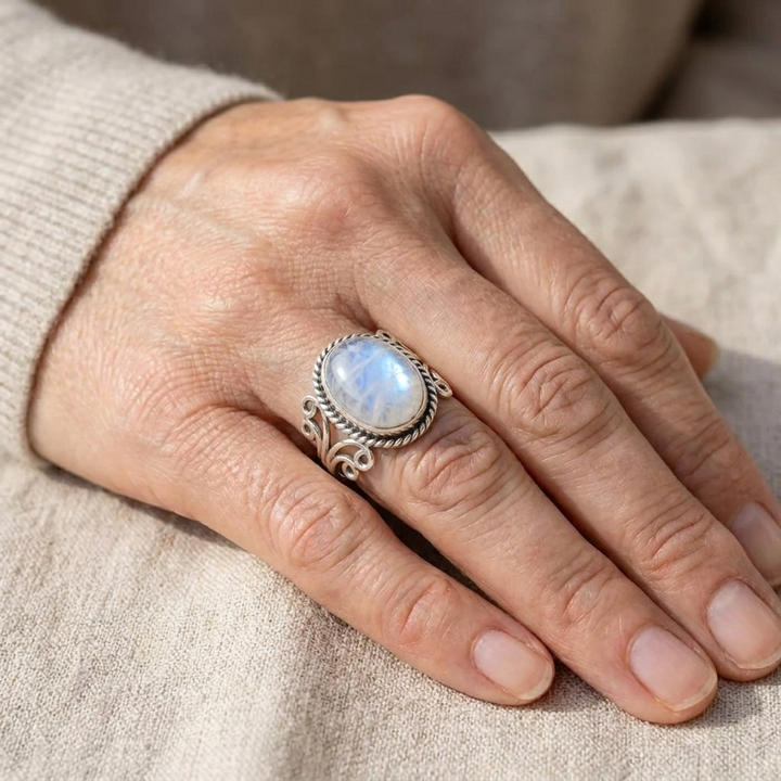 Ovaler Mondstein-Ring mit verziertem Band