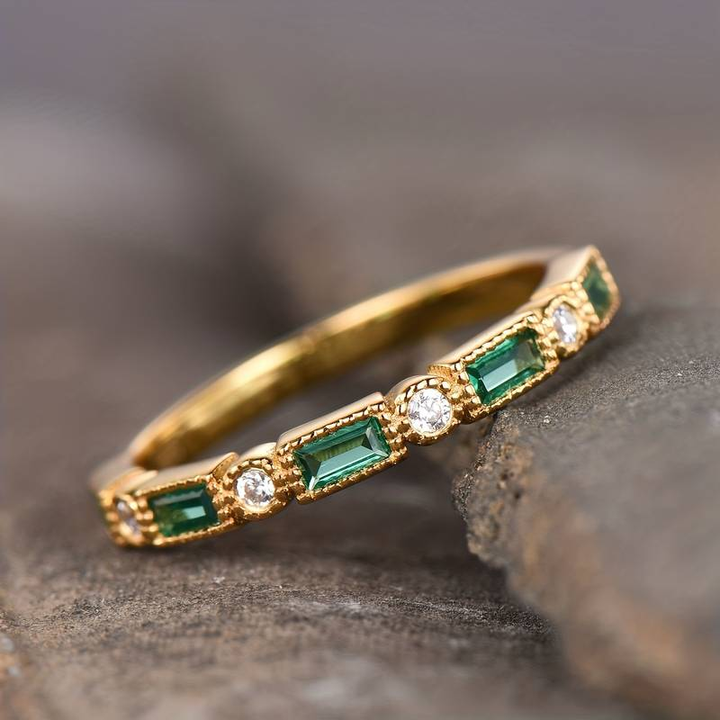 Emerald-Cut Green Stone Ring with Clear Accents, Gold-Tone Beaded Band