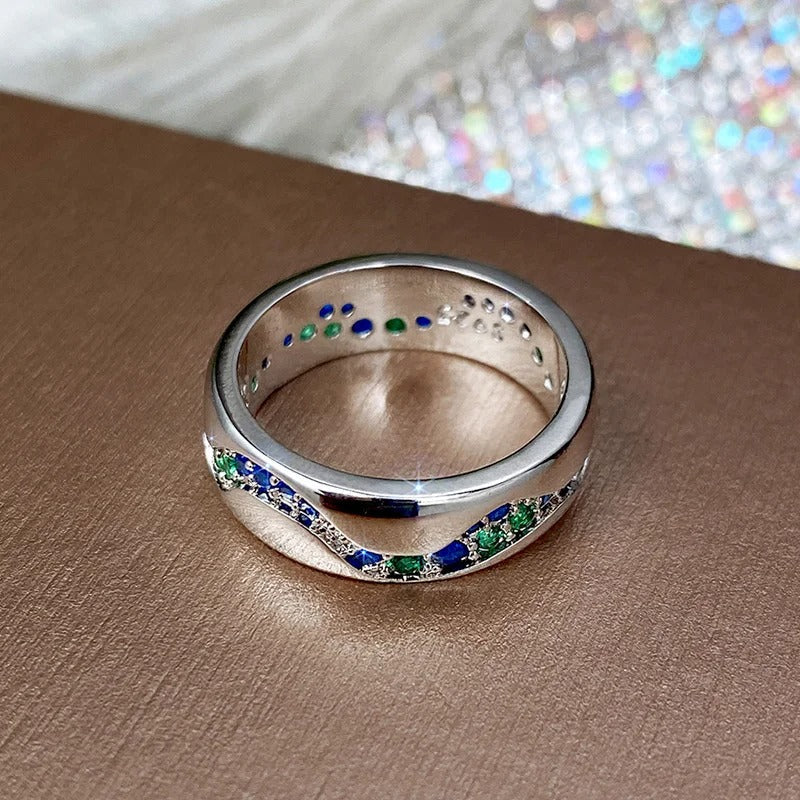 Vintage Silberring Welle mit blauem und grünem Stein