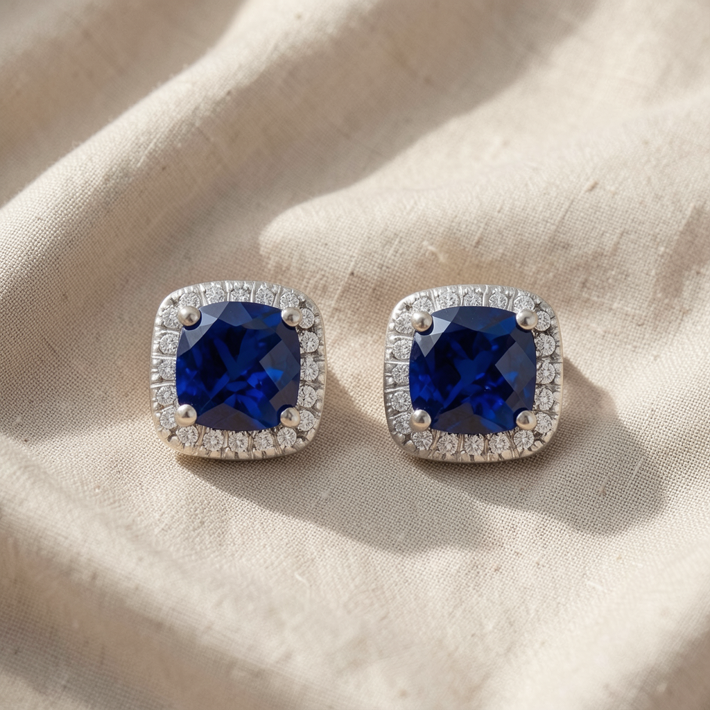 Sapphire Square Stud Earrings | White Gold