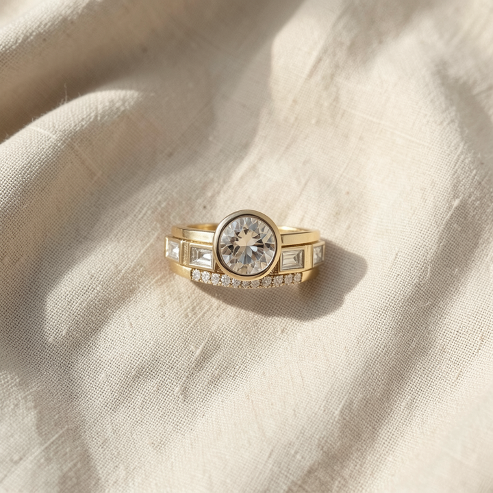 Inlaid Crystal Gold Ring Set